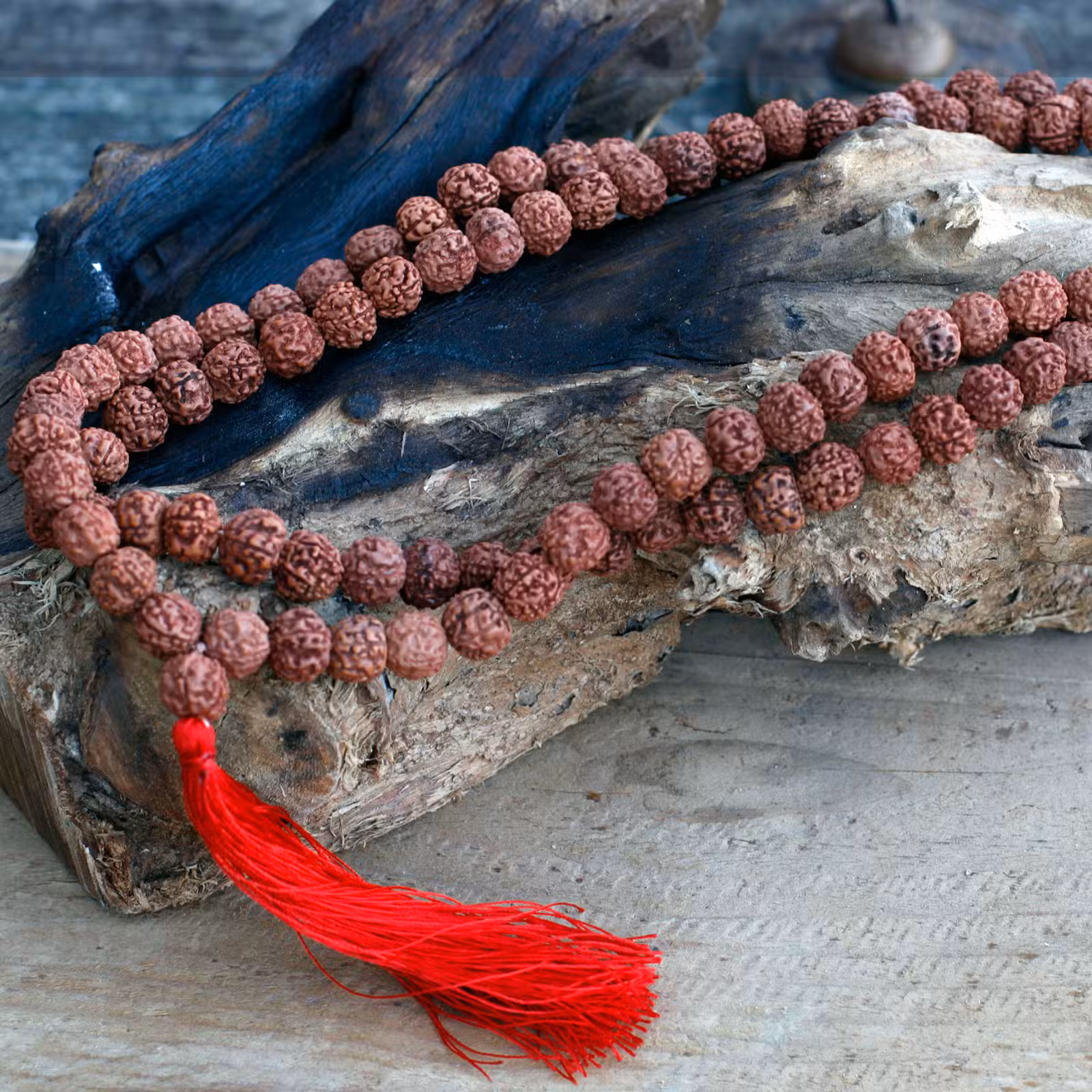 Rudraksha Mala (108 kralen) met rode kwast - Bruin miniatuur 3