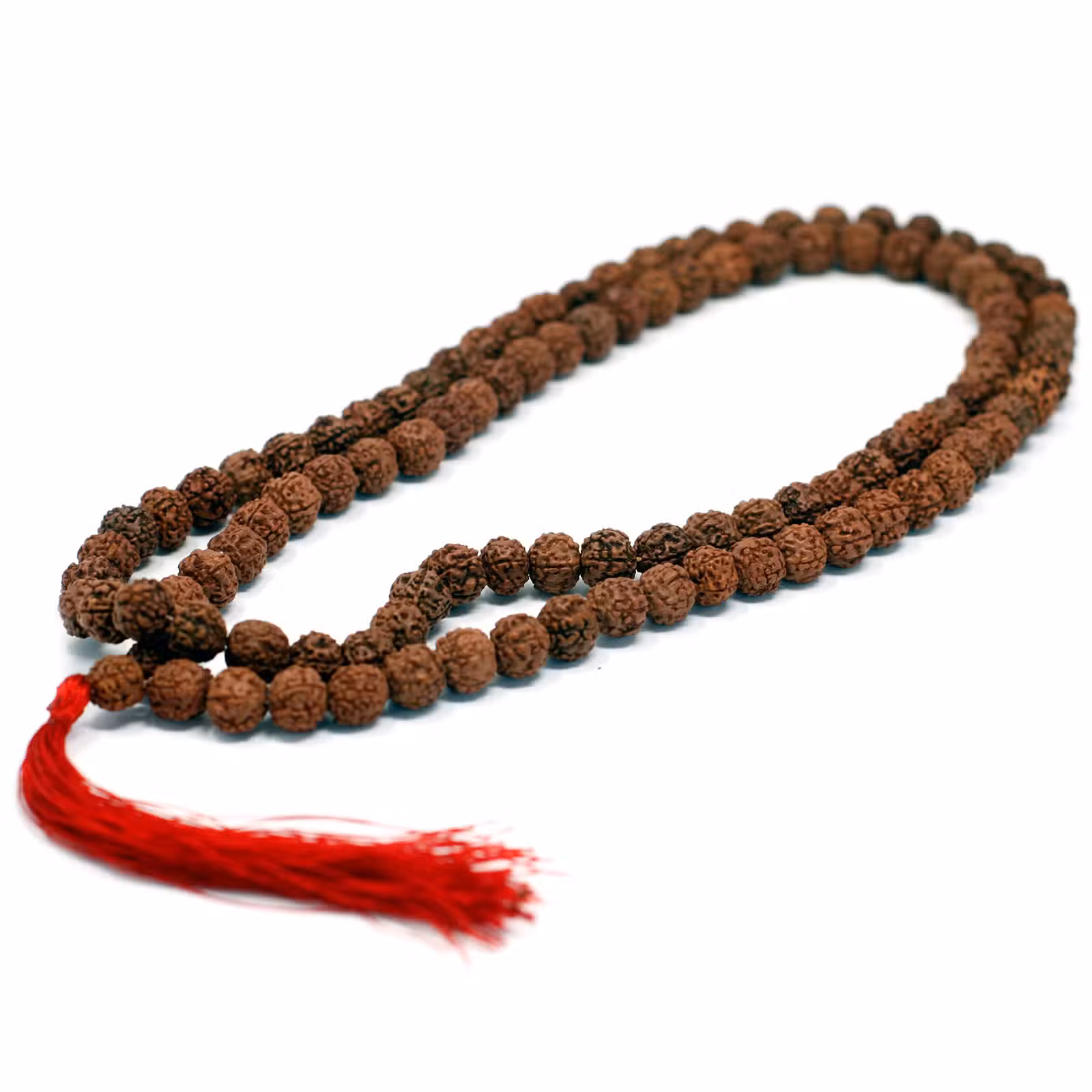Rudraksha Mala (108 kralen) met rode kwast - Bruin miniatuur 1